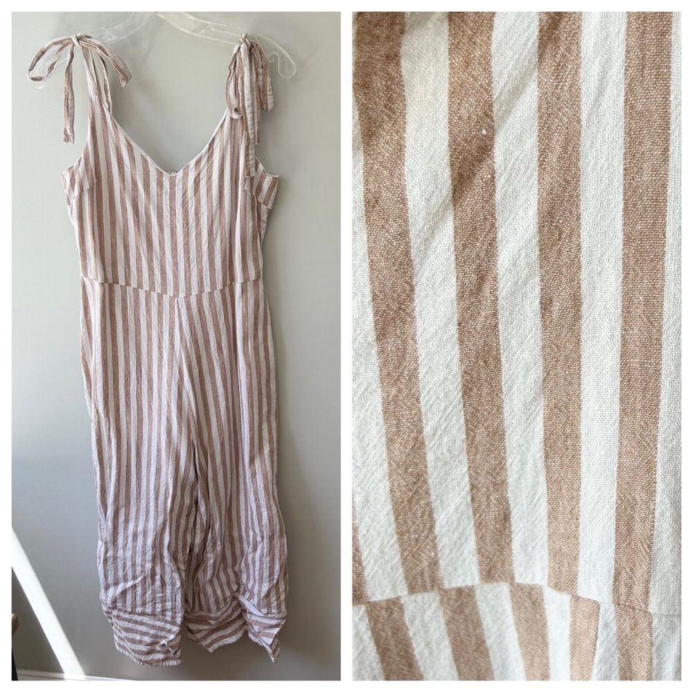Everly Beige and White Striped Tie-Shoulder Jumpsuit